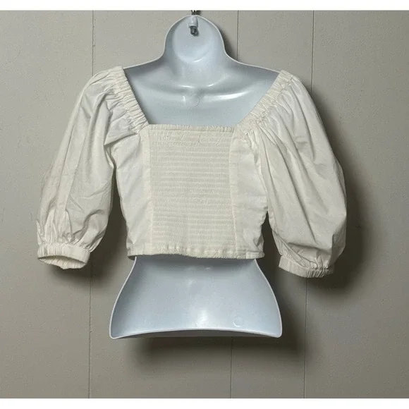 Abercrombie & Fitch White Puff Sleeve Smocked Ruched Crop Top Sz XS Cottagecore - Picture 2 of 9